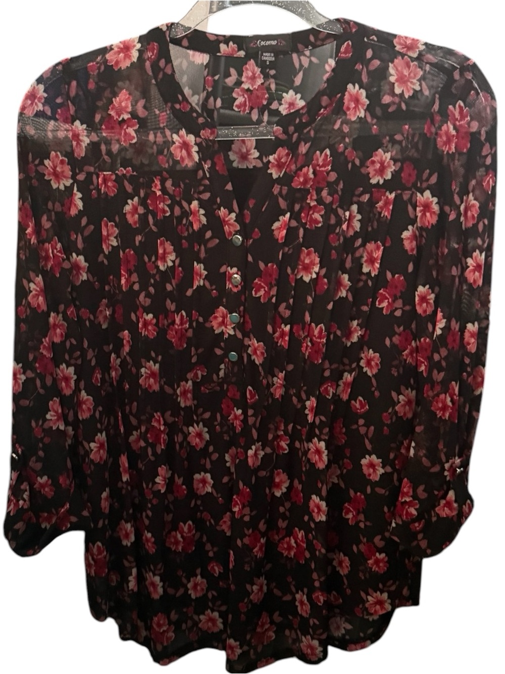 Cocomo Black Floral Mesh Top with Pink & Red Blooms